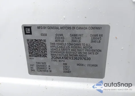 2018 Chevrolet Equinox Lt z USA, uszkodzony, nr VIN 2GNAXSEV2J6297630